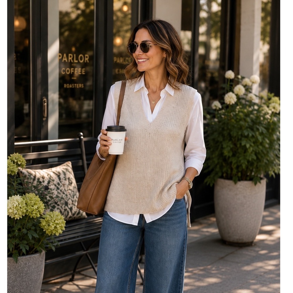 Modern Minimalist Beige Boucle Knit Sweater Tunic Vest Quiet Luxury Fall Sz M